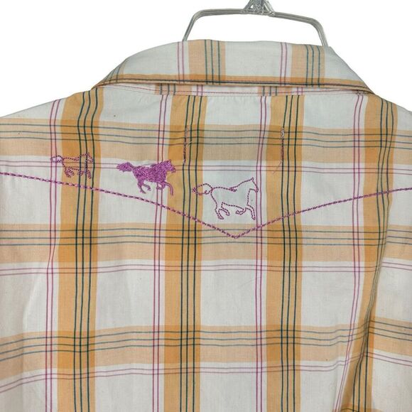 Bit Bridle Western Pearl Snap Shirt XXL Yellow Plaid Pink Embroidered Cowgirl - Picture 6 of 10